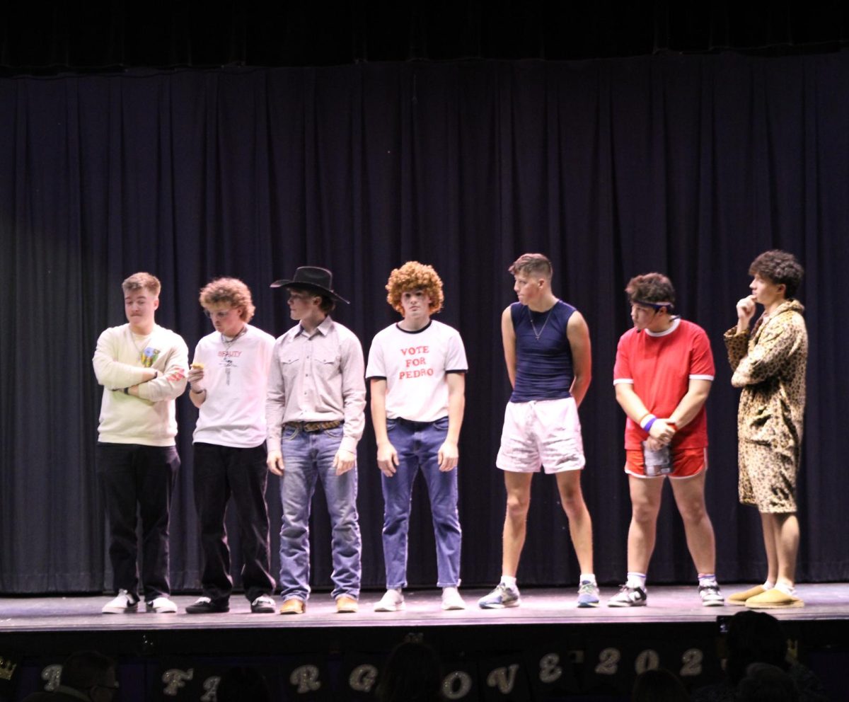 All Mr. Fair Grove contestants lined up at the end of the event for the final voting. Each senior from left to right: Waylon Wright, Gavin Brock, Carson Trussell, Macklen Johnson, Samuel Moore, Gage Green, Adrick Wilson, and Dylan George.