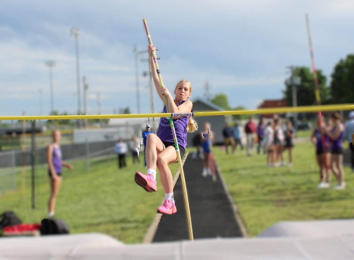 Claire Otterness (7) competing in pole vault in the Fair Grove Middle School Track Meet on April 29, 2026. 