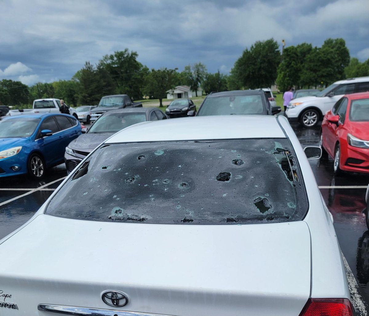 Student Teacher Dalton Hicks' car will need a new back windshield due to the hail damage in the high school parking lot. 
