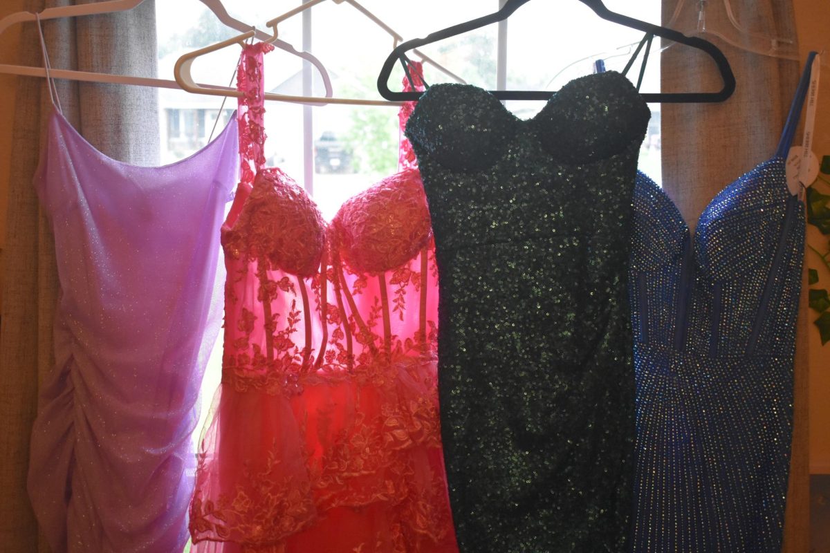 Prom dresses are hung up, waiting to be worn at the dance. Many students buy dresses weeks, or even months, in advance.