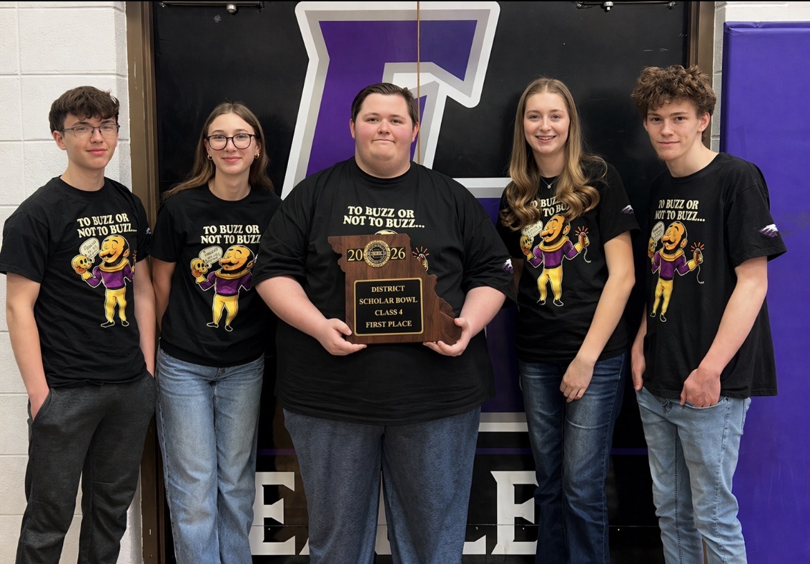 The Fair Grove High School Scholar Bowl Team on April 18th with their district first place trophy. Left to right: Aaron Batson (9), Madison Crews (11), Aidyn Owings (12), Audrey Johnson (10), and Chasten Hale (11).